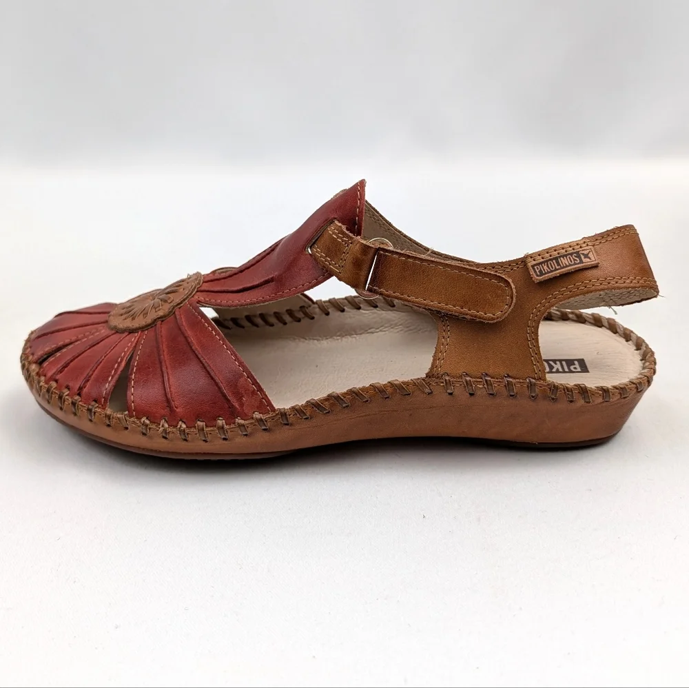 Pikolinos Puerto Vallarta Sandals Leather Slingback Closed Toe Red Tan EU 37